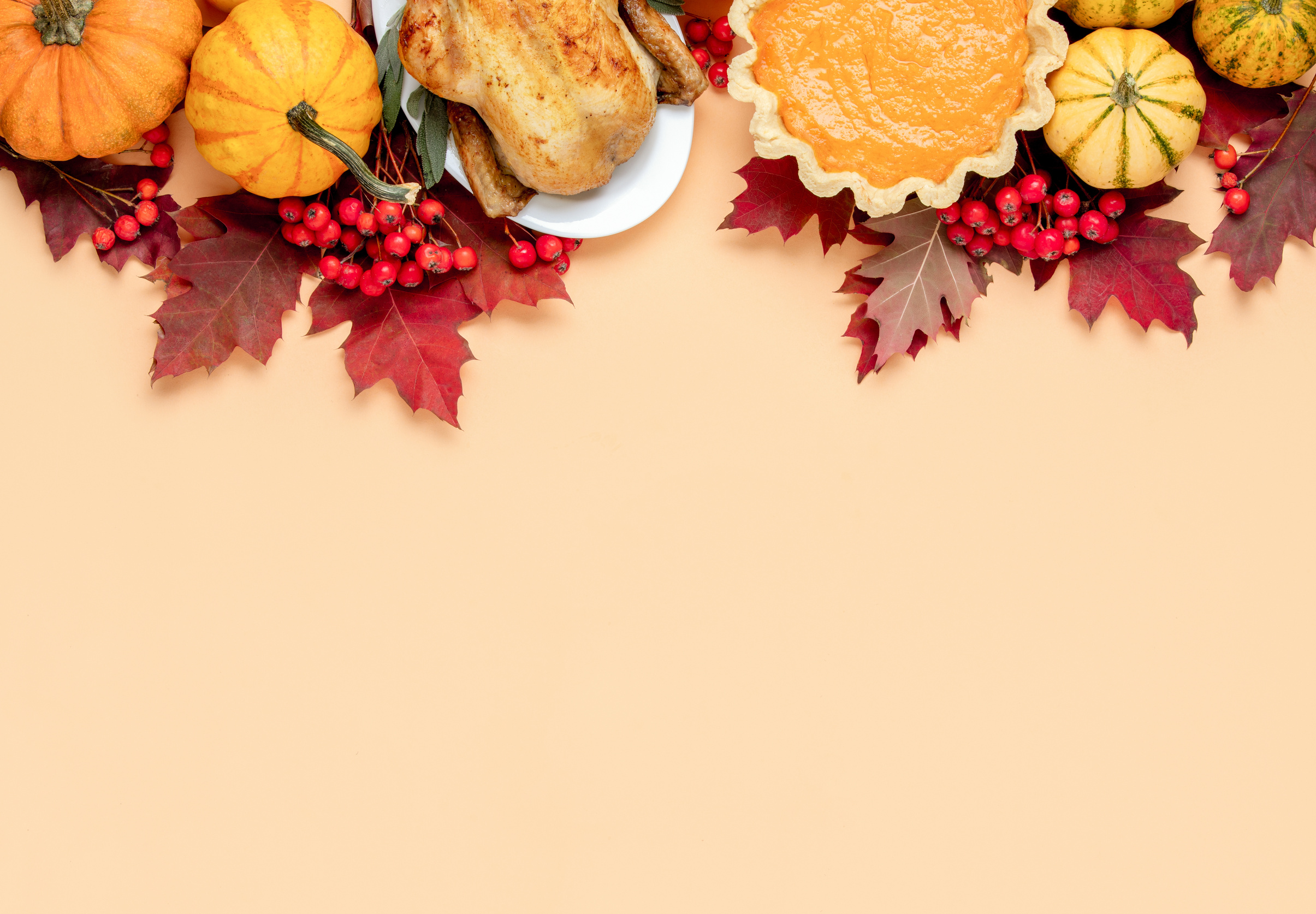 thanksgiving background with pumpkins, turkey, cranberries, and leaves